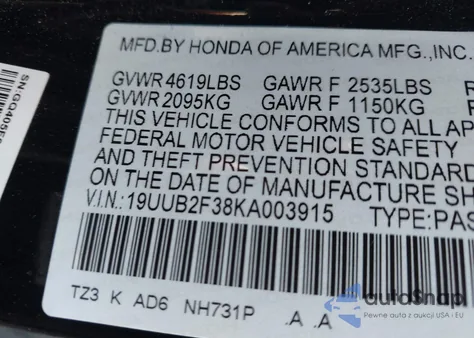 2019 Acura Tlx Standard from USA, damaged, VIN 19UUB2F38KA003915
